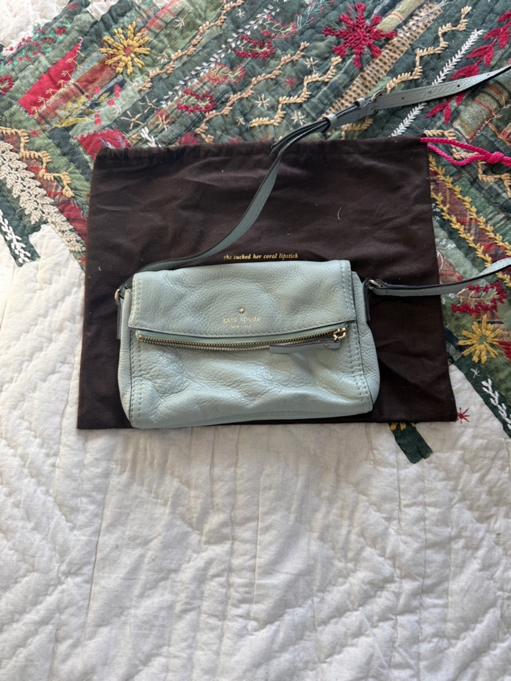 kate spade Light Green Leather Crossbody with Front Zip Pocket